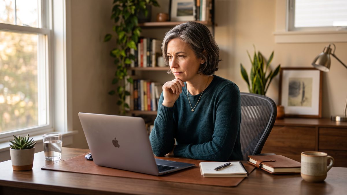 A business owner considering their options at a laptop in a home office