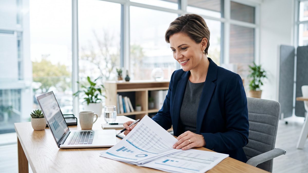 A business owner reviewing financial paperwork at a desk in a bright office