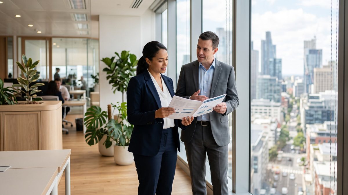Two colleagues discussing a printed report by an office window