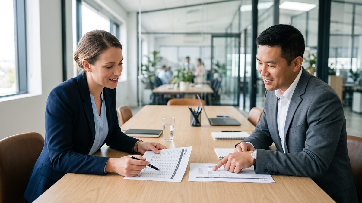 Two business people comparing documents side by side at a meeting table
