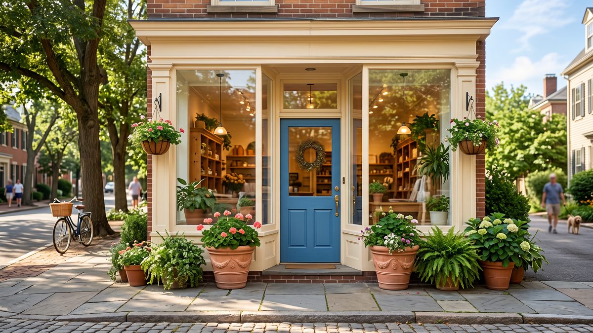 The exterior of an independent small business storefront in morning light