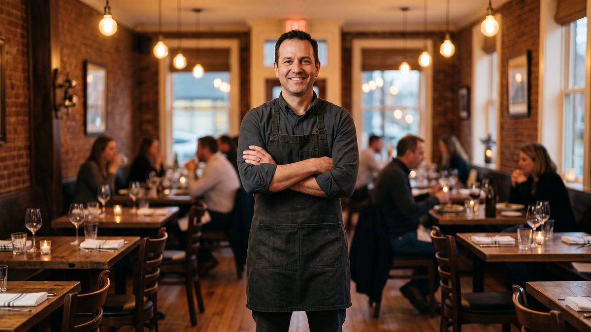 A restaurant owner in an apron standing in their dining room