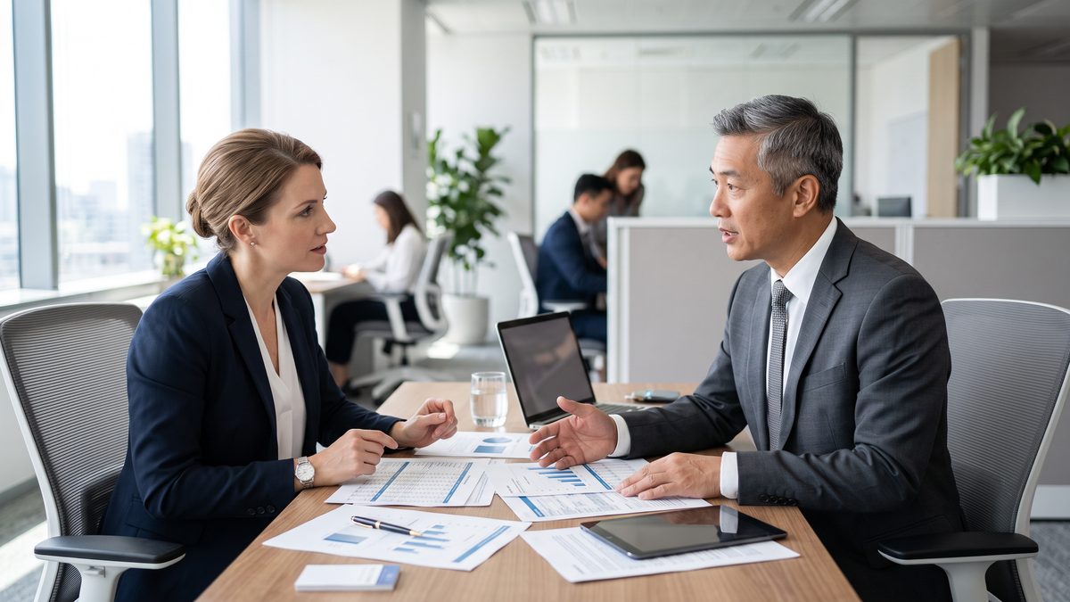 A business owner meeting with a lending advisor across a desk