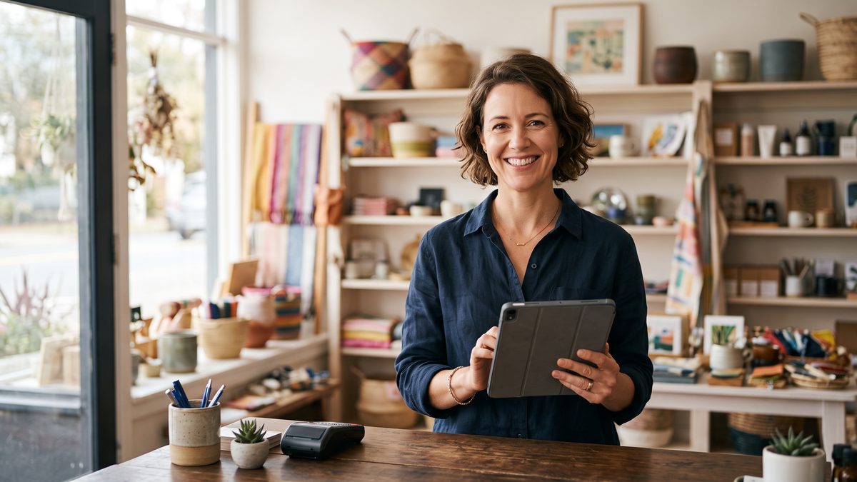 A small shop owner with a tablet behind the counter of their store
