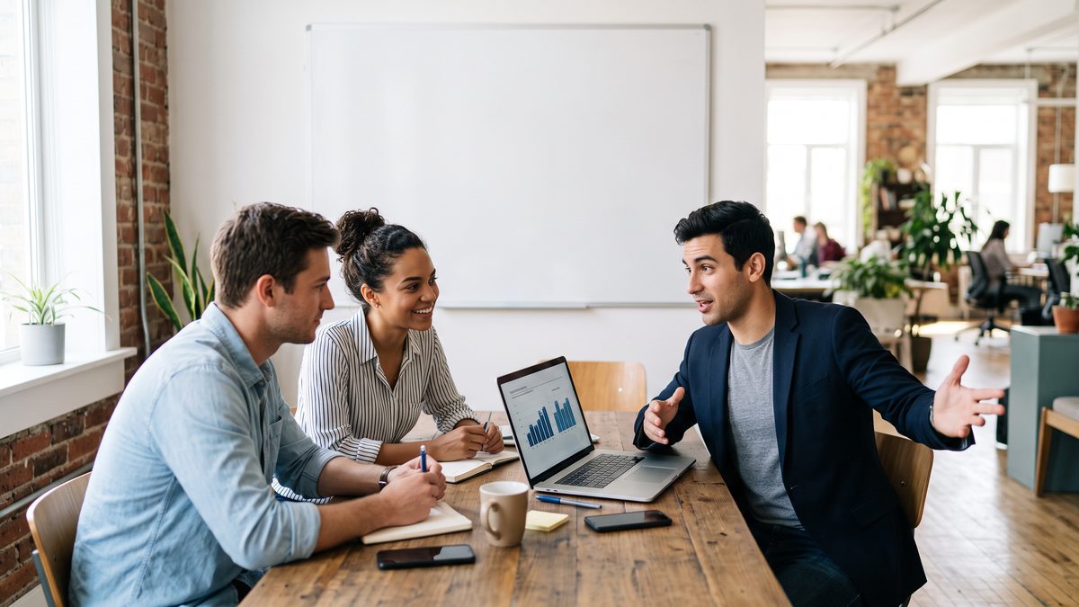 Startup founders working together around a laptop in an open plan office