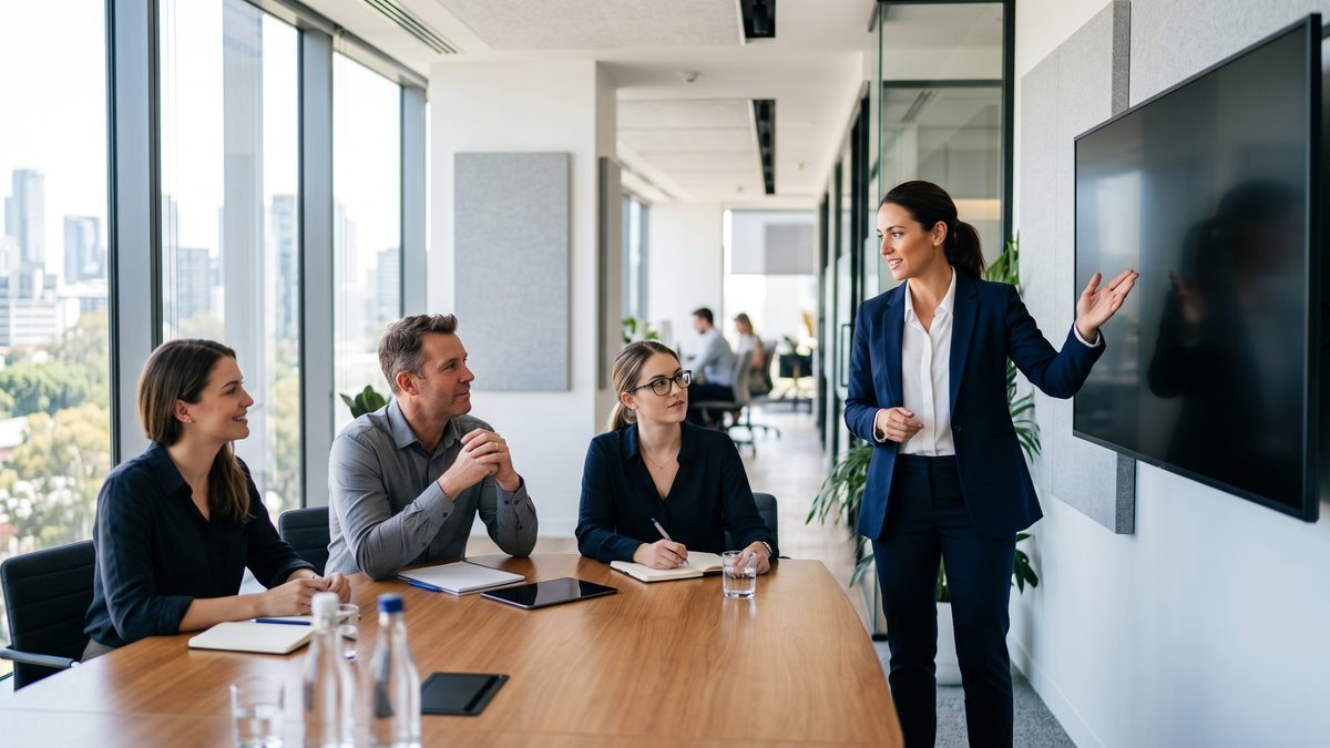 A consultant presenting to colleagues in a bright meeting room