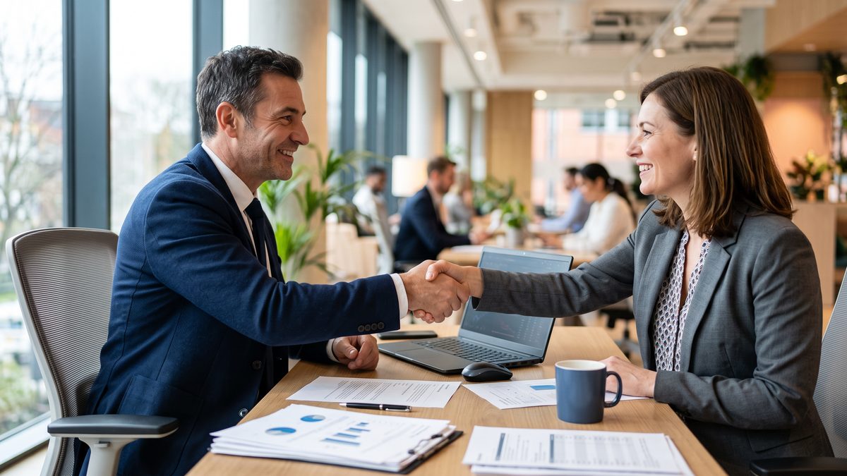 A handshake between a business owner and a lender across a desk