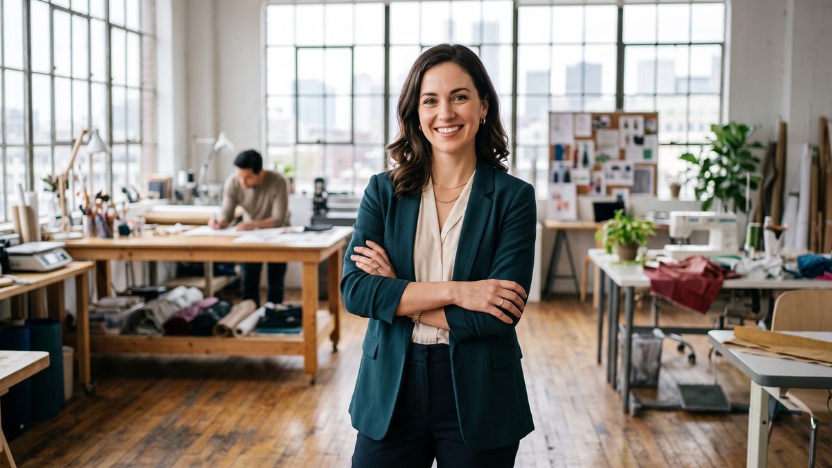 A confident female entrepreneur standing in her workspace